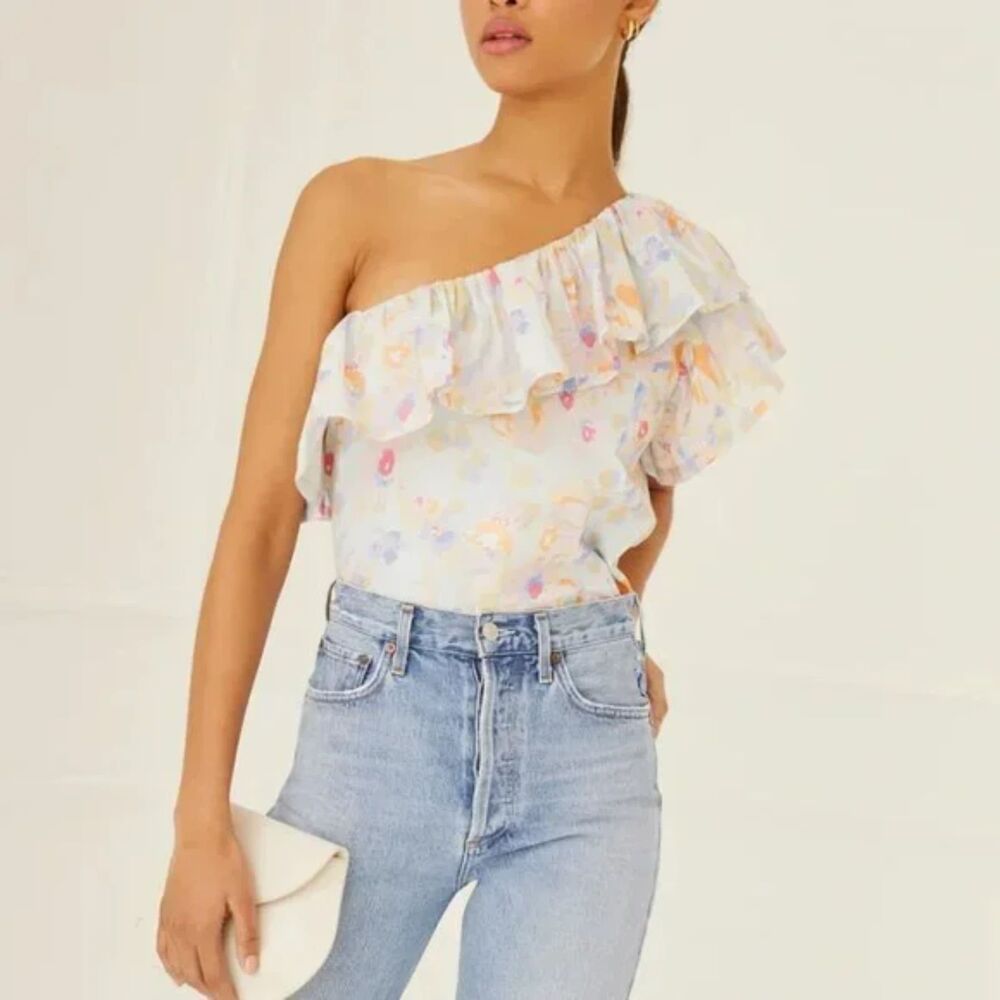 Something Navy Floral One-Shoulder Top - White and Pastel